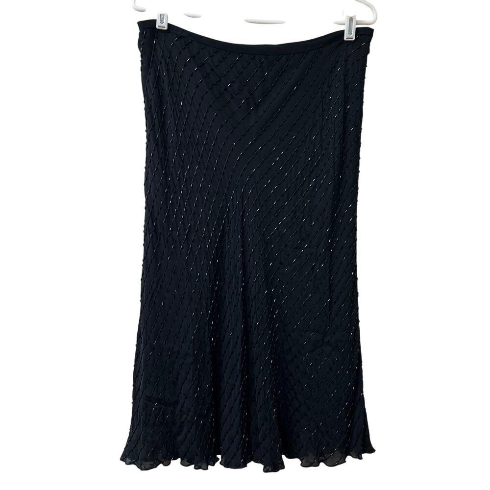 Lauren Ralph Lauren Womens Size 12 Black Beaded 100% Silk A Line Midi Skirt